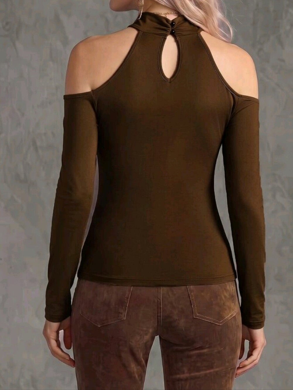Stretchy Cold-Shoulder Floral Long-Sleeve Turtleneck Top - Brown Size L - Picture 2 of 8